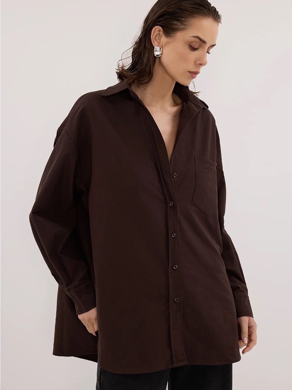 DISSH Oversized Dark Brown Cotton Button-Front Shirt